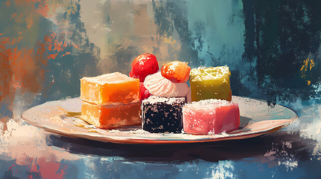 Traditional turkish delights on a plate generative ai. Dewlight. Illustration