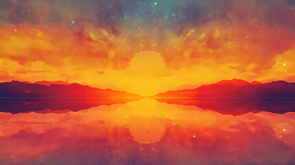 Obraz premium Vibrant sunset sky with precise symmetric divide between warm golden day and dark starry night, symbolizing equinox balance. Dewlight. Illustration