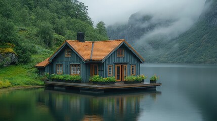 Fototapeta premium Secluded lake house nestled in misty mountains.