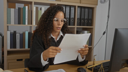 Hispanic woman in an office dressed as a judge carefully reading documents at her desk with shelves full of binders in the background.