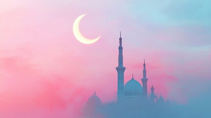 Abstract Layered Mosque Silhouette with Crescent Moon