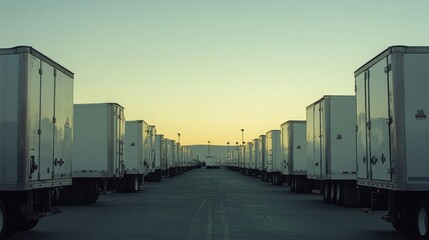 Obraz premium Rows of white semi-trucks parked in a lot at sunset.
