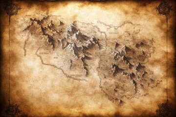 An ancient, weathered map depicting mountainous terrain, with intricate details and an aged parchment background, evoking a sense of adventure and exploration.