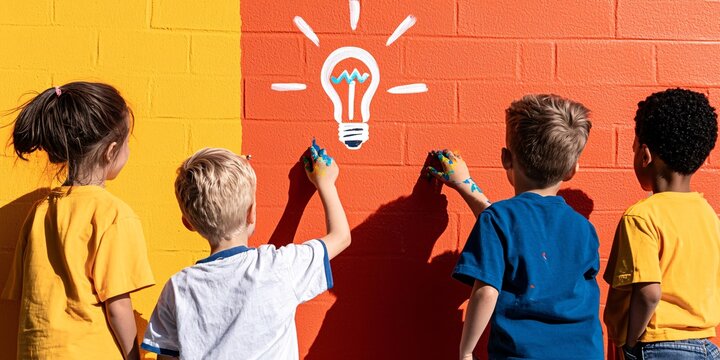 Children engaging in creative mural painting urban environment community art project daylight joyful expression