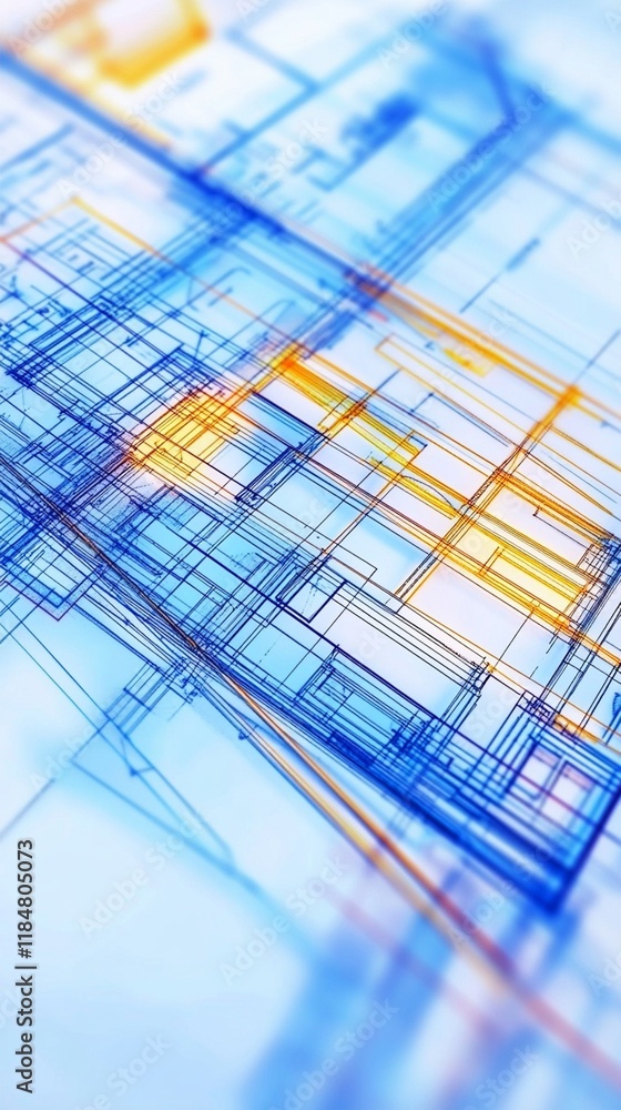 Poster architectural blueprint detail in vibrant blue and orange tones showing complex structural design pl