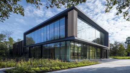 Obraz premium office building glass facade sunset modern exterior
