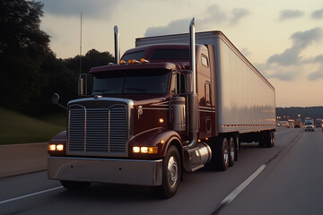 Red truck driving on a busy highway during sunset with clear skies