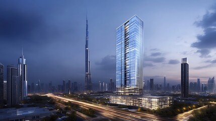 Naklejka premium sunset reflecting on modern office building facade