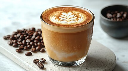 Latte art in glass cup with coffee beans. (1)
