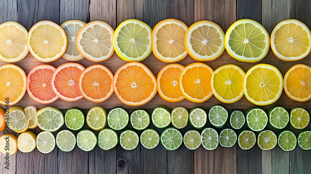Poster brightly colored citrus slices in a gradient pattern of oranges, lemons and limes on a natural wood 