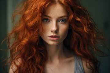 Confidently Beautiful Red Head Woman with Curly Hair in an Urban Setting on a Calm Summer Day