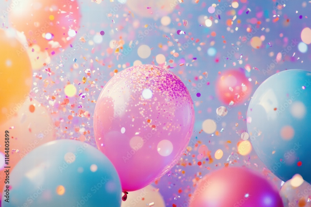 Poster festive balloons and colorful confetti create a joyful party atmosphere for celebrations and special