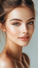 Obraz premium Close-up beauty portrait showcasing flawless natural makeup with emphasis on glowing skin, perfectly groomed eyebrows, coral lips, and striking blue eyes against soft beige background.