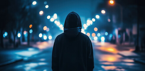 A teenager stands on an empty street at night, dressed in a hoodie. Dim streetlights cast a soft glow, creating an atmospheric setting. The road appears quiet and still.