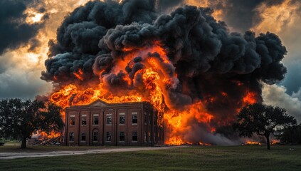 A historic structure is consumed by raging flames under ominous skies filled with swirling smoke. The intense fire creates a powerful contrast with the dark backdrop, captivating onlookers