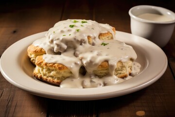 Biscuits and Gravy with Sausage: Delicious Breakfast Dish on a Plate with Savory Sauce and Pepper Seasoning