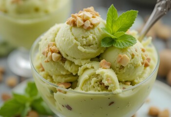 Pistachio gelato served in a cup with crunchy almonds and mint