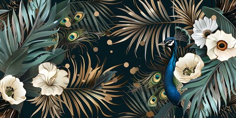 A modern mural with white, dark green, and gold accents, featuring tropical palm leaves, flowers, feathers, and a peacock for elegant wall art decor.