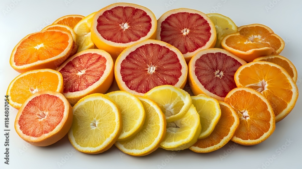 Poster perfectly sliced oranges and grapefruits arranged in a bright, overlapping circular pattern