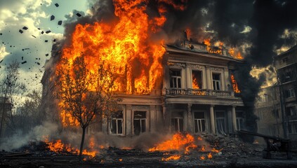 Fury of the blaze transforms a once-grand structure into a raging inferno, belching thick smoke and pouring heat into the devastated surroundings during the twilight hours