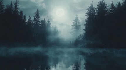 Fototapeta premium A serene and atmospheric nighttime landscape featuring a misty lake surrounded by dense pine trees under a full moon. The scene is shrouded in a soft haze, creating a moody ambiance with reflections s