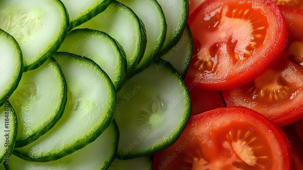 Poster thinly sliced cucumbers and tomatoes placed side by side, showcasing their contrasting green and red