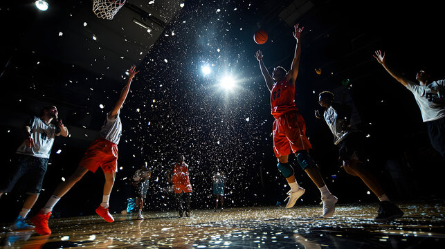 A dramatic tip-off moment with glowing particles around the jumping players.