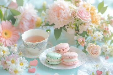 Fototapeta premium Bright composition of pastel macarons with floral arrangements in a cozy setting during afternoon tea
