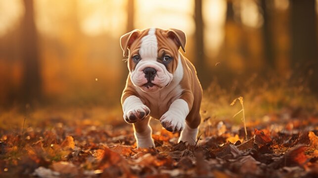 Cute American Bulldog Puppy Walking on Bright Green Grass. Domestic Dog Breed in Funny Red Coat. (Aspect ratio not included since it's not part of the main keywords provided)