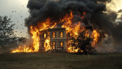 An abandoned house is completely consumed by fierce flames, erupting into thick black smoke. The intense fire contrasts with the darkening twilight sky, creating a dramatic scene of devastation