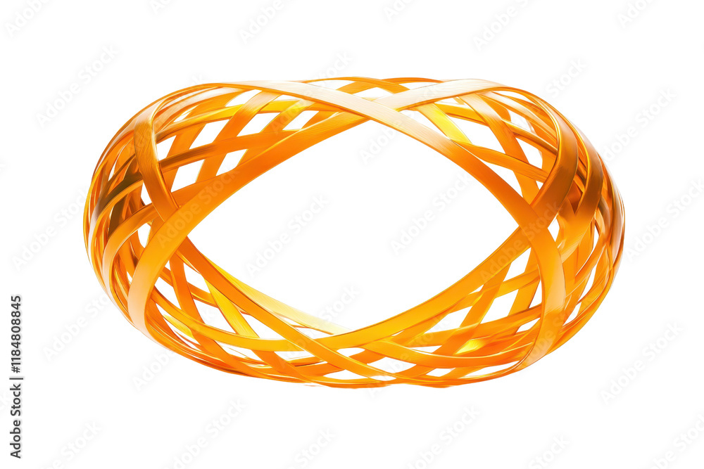 Poster a complex, intertwined geometric sculpture with metallic gold finish, showcasing intricate lattice p
