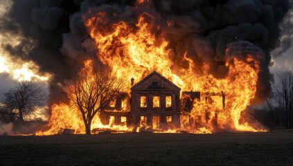 Flames engulf a historic structure, creating a vibrant display of fire against the darkening sky. Smoke billows high as the sun sets, highlighting the tragic beauty of destruction