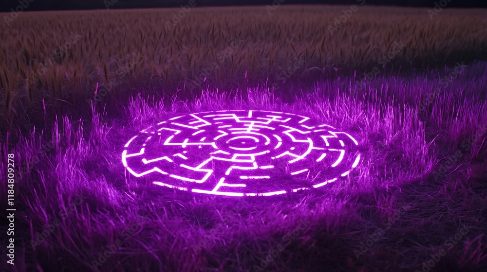 Poster a holographic maze appearing in the middle of an empty field
