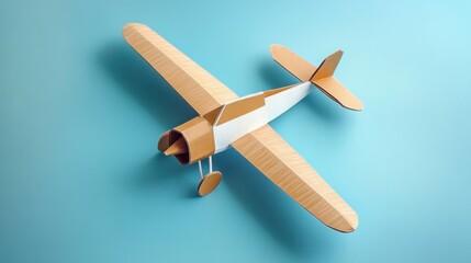 A handmade paper plane lies on a blue background, viewed from the top