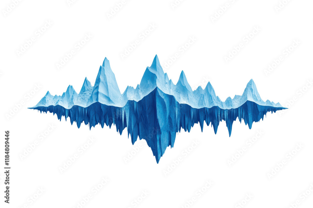 Poster a surreal image of blue iceberg mirrored vertically, creating symmetrical, abstract mountain range a