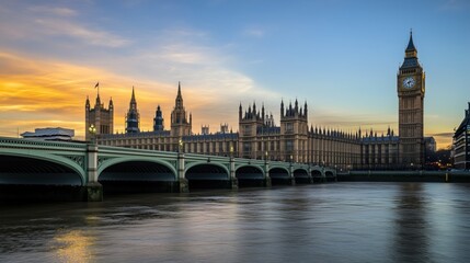 Fototapeta premium A View of the Big Ben Clock Tower and the Bridge Over the River Thames - Generative AI