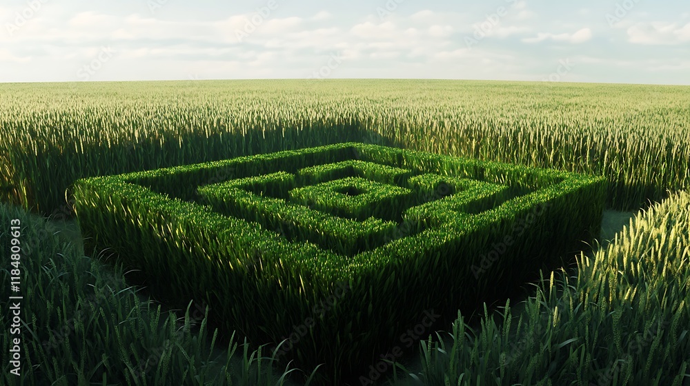 Poster a holographic maze appearing in the middle of an empty field