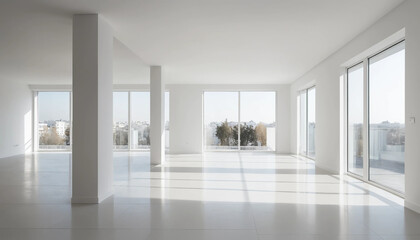 Fototapeta premium Intérieur moderne et épuré d'un appartement vide, blanc, avec mobilier minimaliste et lumière.