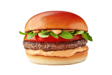A Juicy hamburger with beef patty, fresh tomato, lettuce, and creamy sauce on toasted bun, isolated on transparency background. Perfect for fast food and gourmet burger concepts