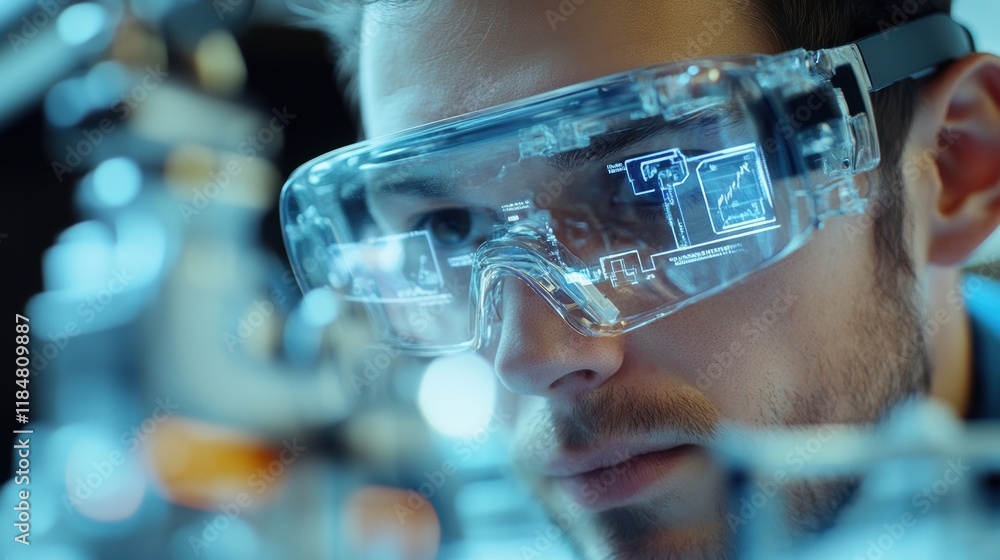 Poster close up of an engineer wearing augmented reality glasses, visualizing holographic data while workin