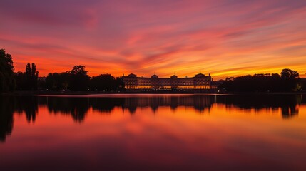 Fototapeta premium A Beautiful Sunset Over a Lake With a Large Building in the Background - Generative AI