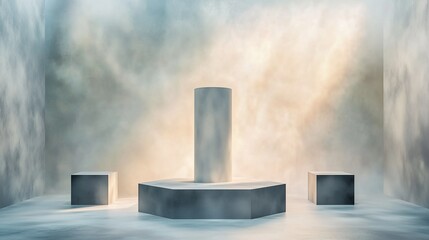 A modern, matte-white stage featuring a large cylinder and smaller cube, positioned asymmetrically. 