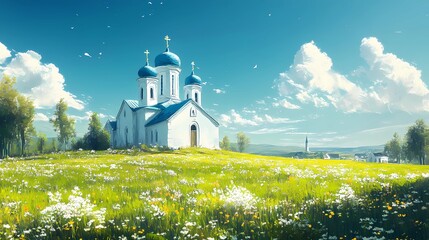 Orthodox church with majestic domes under a serene sky, evoking spiritual tranquility and timeless beauty, artistic book illustration style