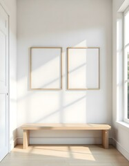 A minimalist interior with two empty picture frames on a white wall , a wooden bench , and a window with a view of the outdoors