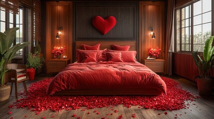 A luxurious romantic bedroom with a bold red heart centerpiece, velvet bedding, scattered rose petals, and warm wooden accents. Large windows and lush greenery add elegance and charm.