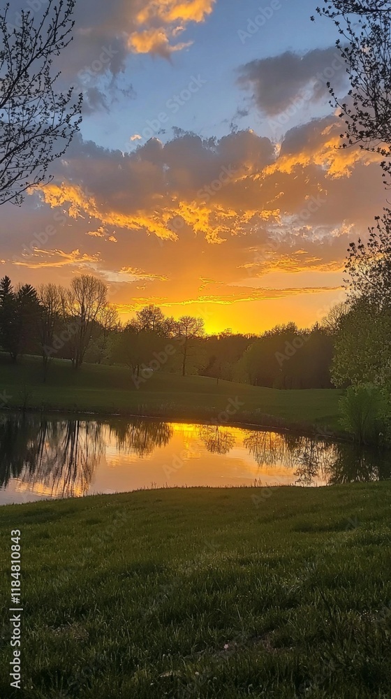 Poster at dusk, a tranquil pond comes alive with rich sunset colors, creating a mesmerizing reflection on t