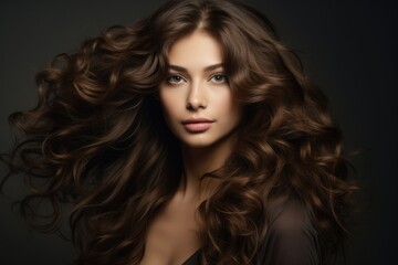 Obraz premium Captivating Voluminous Curls: A Stunning Portrait of a Beautiful Girl with Long Wavy Hair, Perfect for Haircare and Beauty Concepts