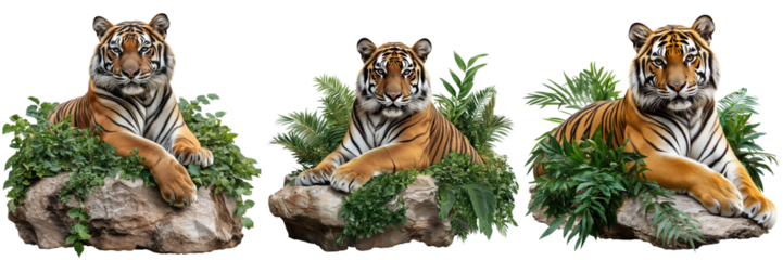 Set of A majestic Bengal tiger resting on a rock in the heart of a lush jungle on transparent png background