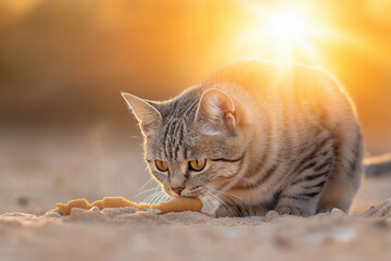 Obraz premium Cat exploring sandy ground at sunset in a warm and serene outdoor setting