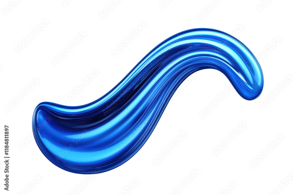 Poster a shiny, abstract blue wave shape with smooth, glossy surface and fluid design, isolated on transpar